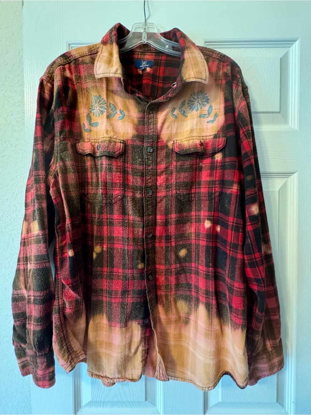 Red & Black Plaid Flannel Bleached with flower & Cow Skull designs